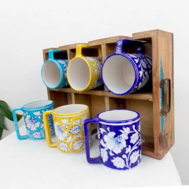 Blue Pottery Mugs- Camping Style.creative Wedding Box Logo Surprise Item Style Pcs Design Set of 6 Piece Ceramic Coffee Cup Mugs