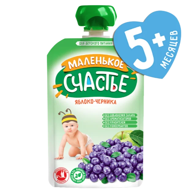 Фирменная упаковка для детского питания и детского пюре яблоко-черника месяцев 90 г