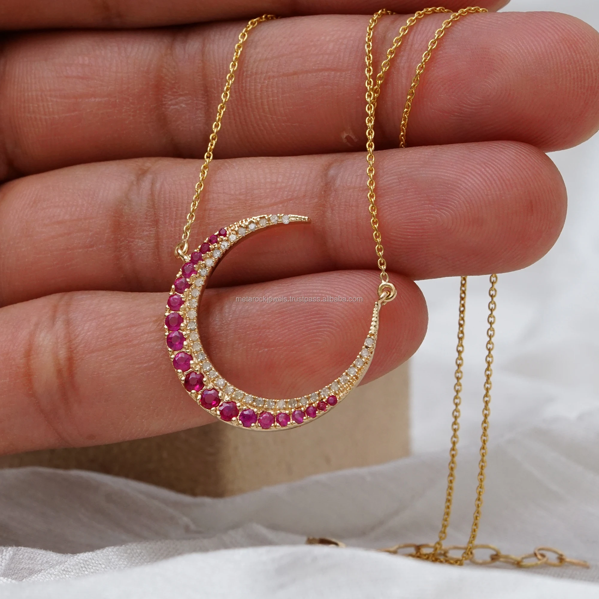 Genuine Pave Diamond Ruby Crescent Moon Pendant 14k Gold Chain Necklace Fine Jewelry