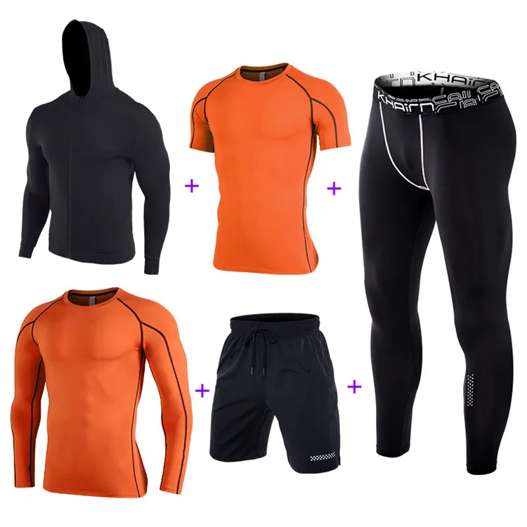 5 piece in set men quick dry training wear set gym clothes running suits breathable running  wear sport suit for man