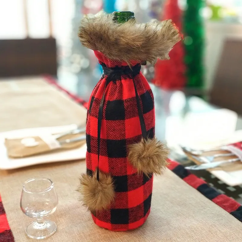 Рождество Buffalo Plaid бутылки вина крышки свитер из искусственного меха чехол с креплением на ремень для рождественской