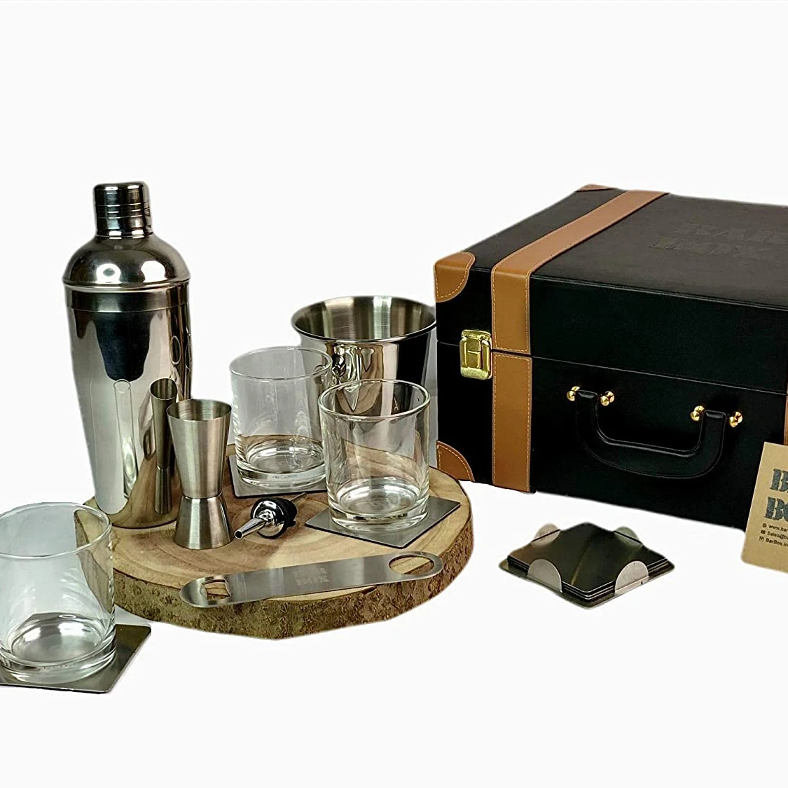 Bar Box Portable Leather Bar Set with 3 Whiskey Glass Bar Set Vintage Black