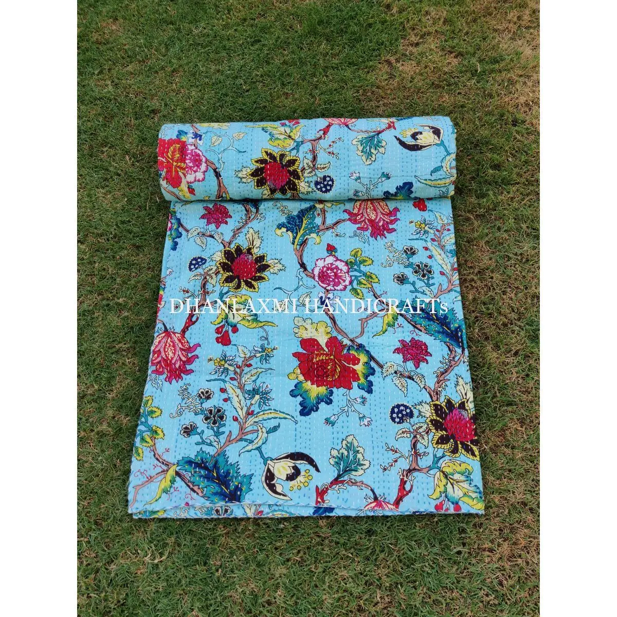 Красивое домашнее декоративное покрывало небесно-голубого цвета с цветочным принтом оптовая продажа индийское Kantha ручной работы Хлопковое одеяло