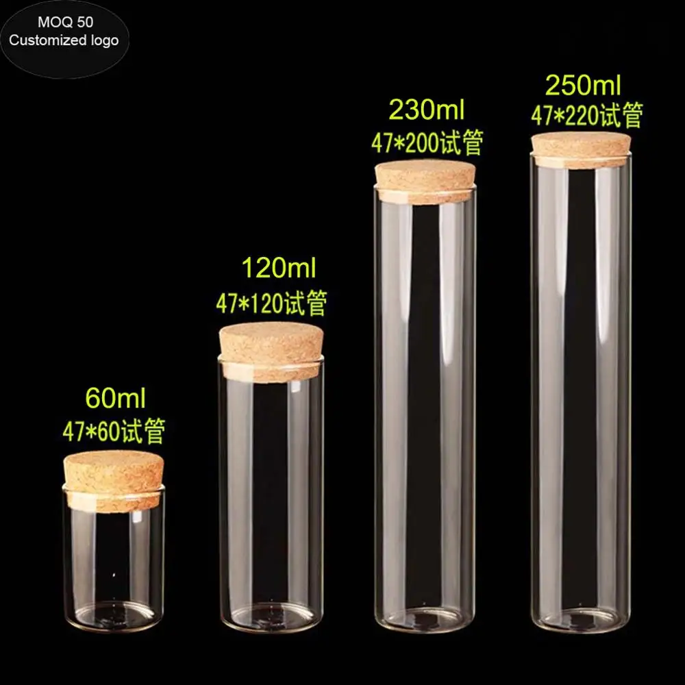 diameter 47mm free shipping 60ml 120ml 230ml 250ml glass cork bottle glass test tube for tea candy flowers and gift packaging