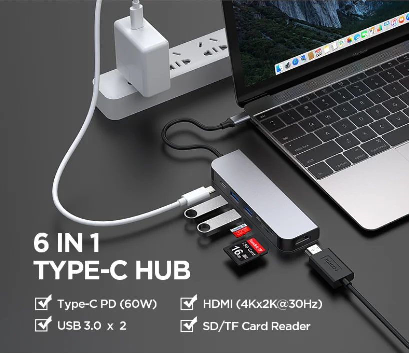 
2019 new usb-c multiport adapter typ c card reader usb3.1 otg hub adapter with usb 3.0 to HD-MI 7 in 1 usb Mac-book pro 