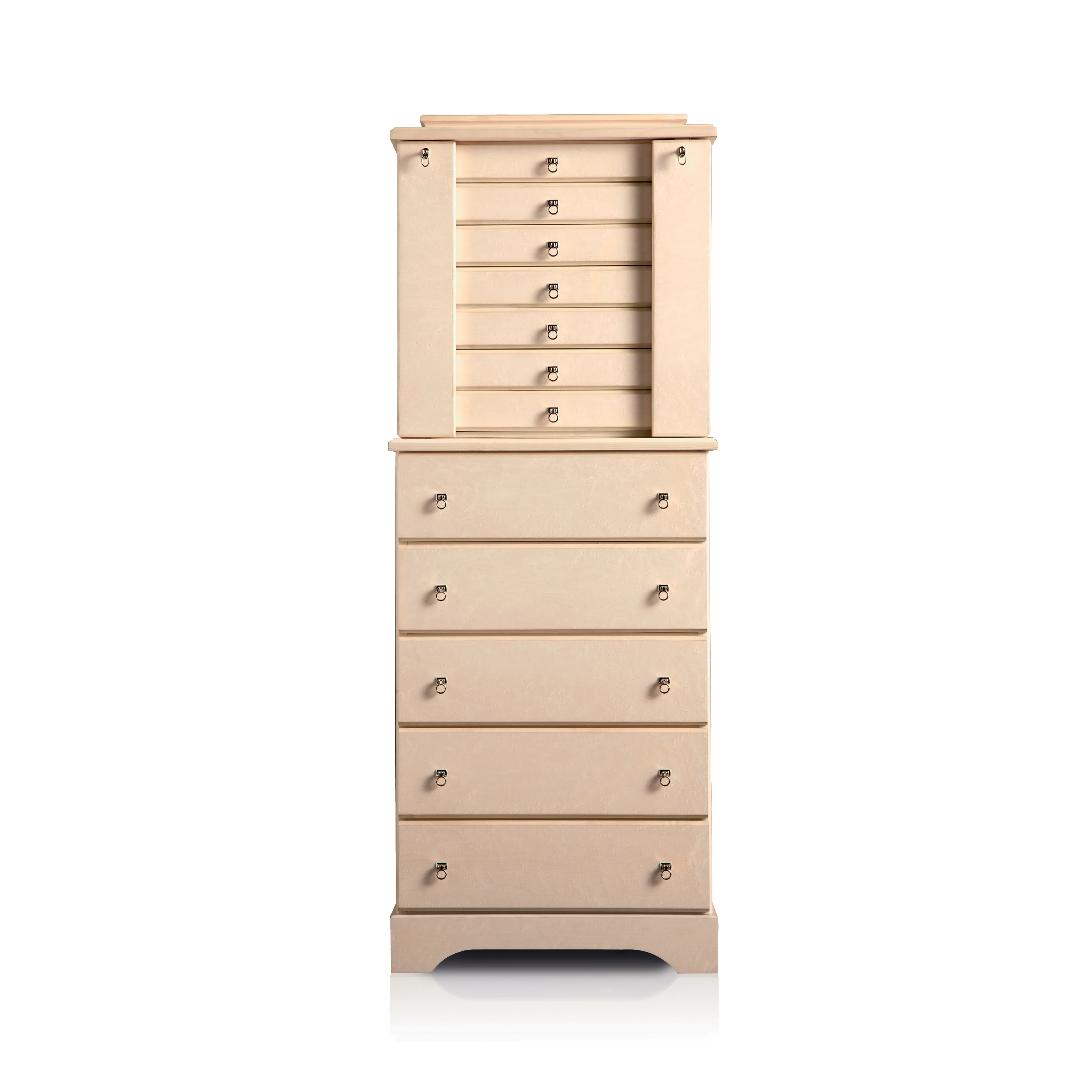 Armoire in cream birds eye maple and mahogany, polished finish. Jewelry armoire cabinet luxury