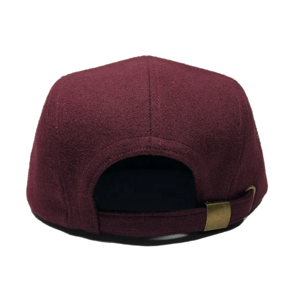 OEM claret men private woven label custom logo woolen winter 5 panel cap hats
