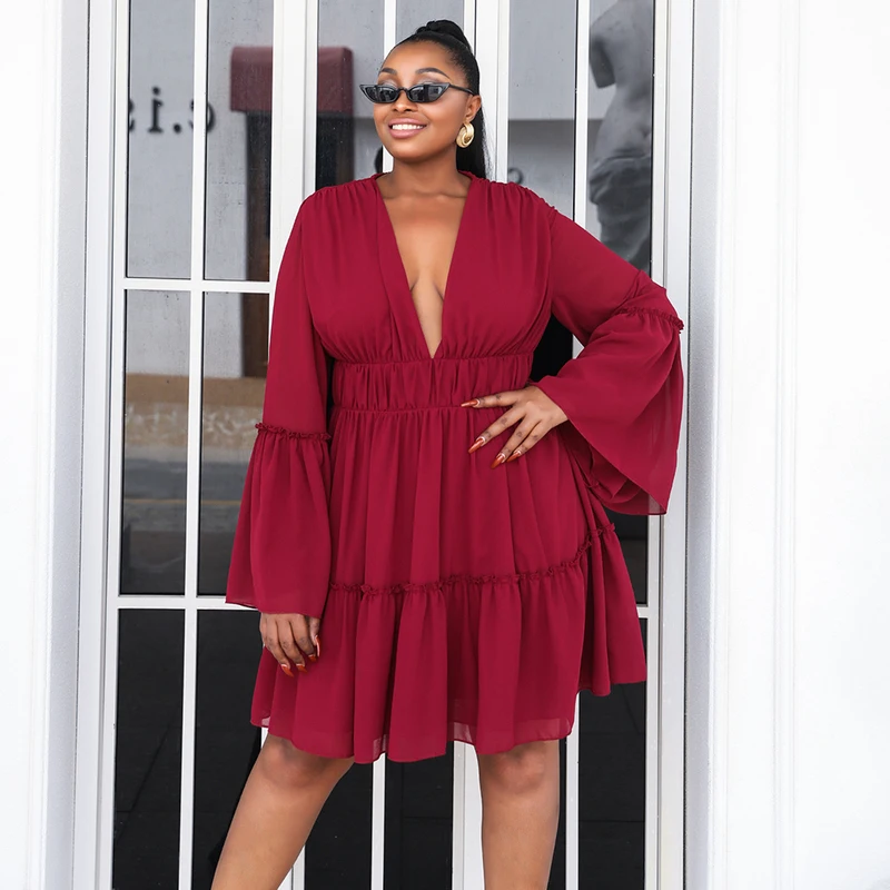 Women Chiffon V-neck Ruffled Bridesmaid Dress Hem Plus Size Dresses Flare Sleeve Causal Dress Lady