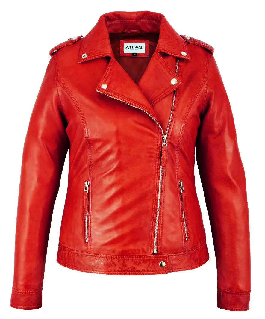 
Красная кожаная куртка из овечьей кожи для женщин-высококачественная Блестящая Серебристая Молния и аксессуары от Atlas Industries 