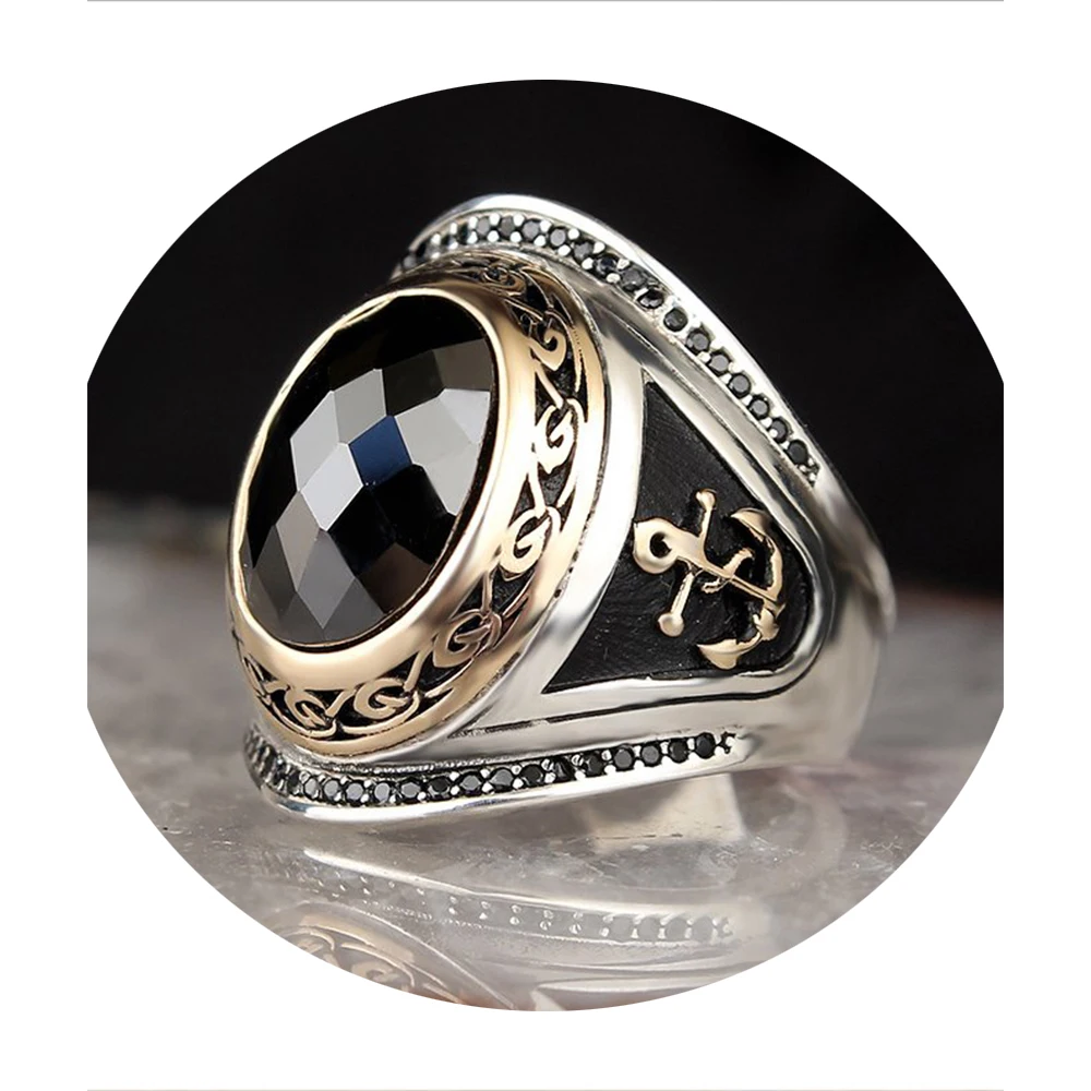 
Anchor 925 Sterling Silver Men Jewelry Zircon Stone Mens Ring 