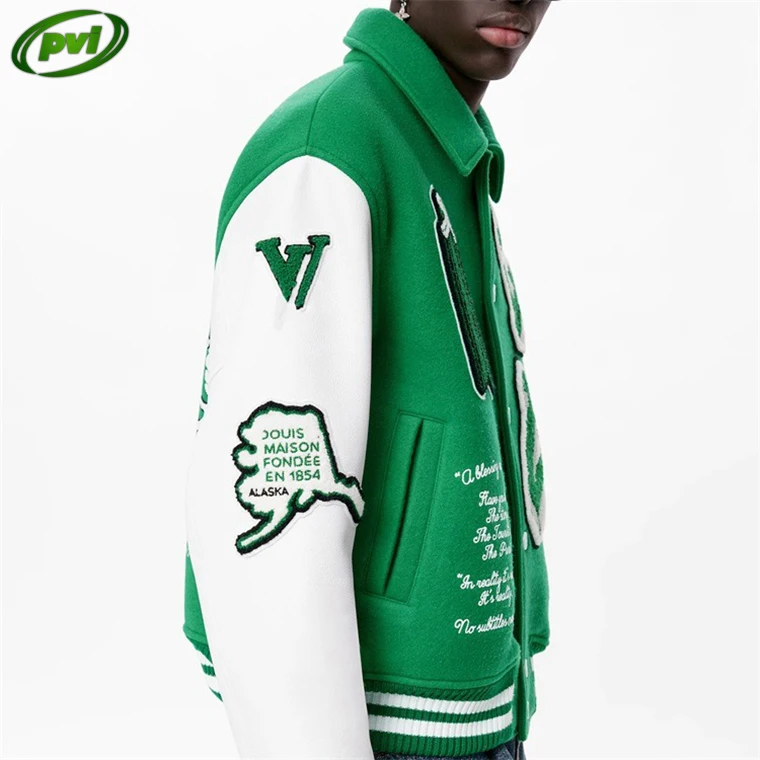 OEM custom chain chenille patch embroidery leather sleeve vintage baseball letterman varsity jacket for men