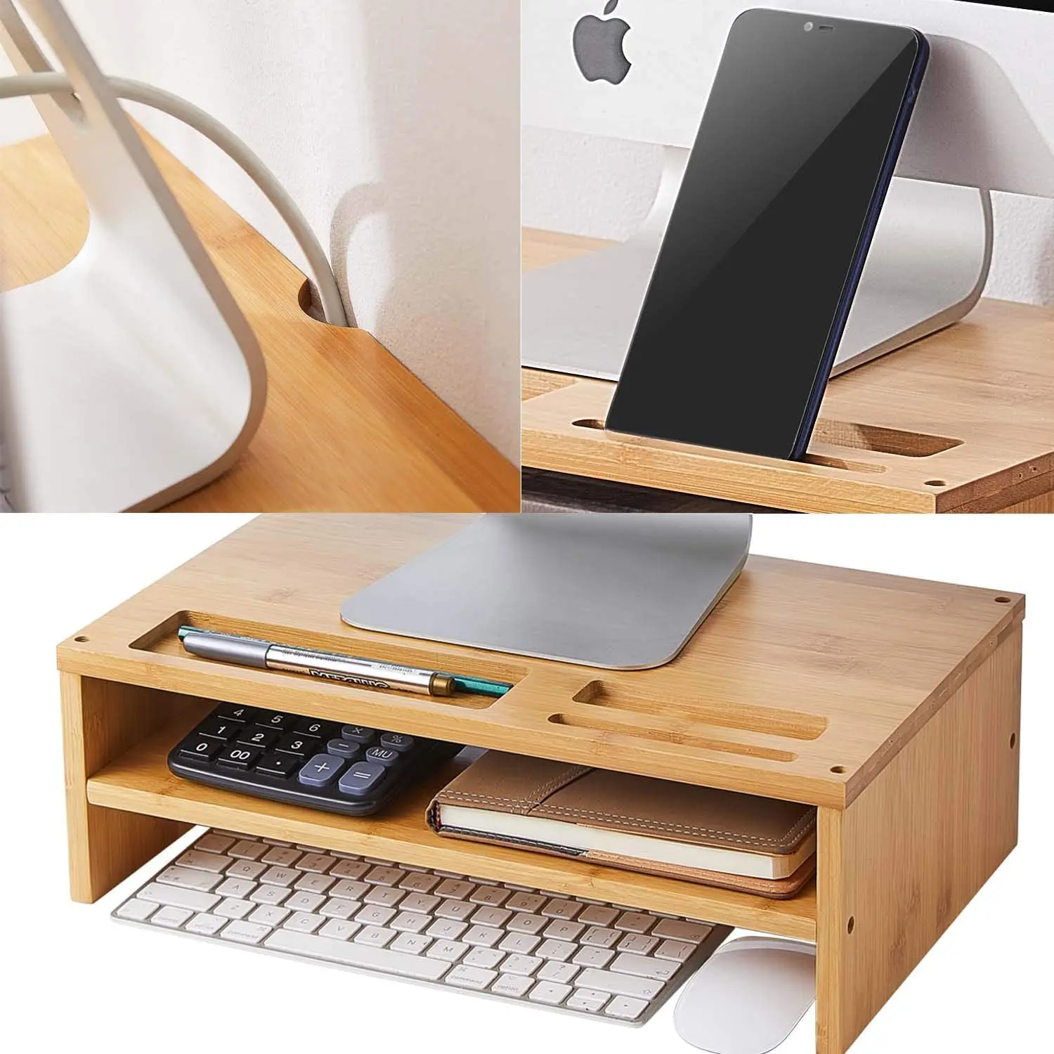 2 Tiers Bamboo Desktop  Laptop Stand Computer  Desk Organizer with Phone Holder