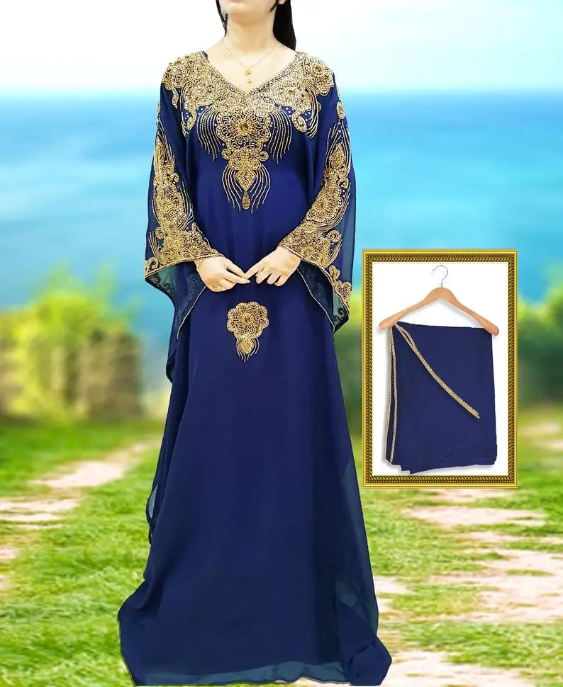 
Blue Georgette Party Wear Hand Work indian kaftan abaya 