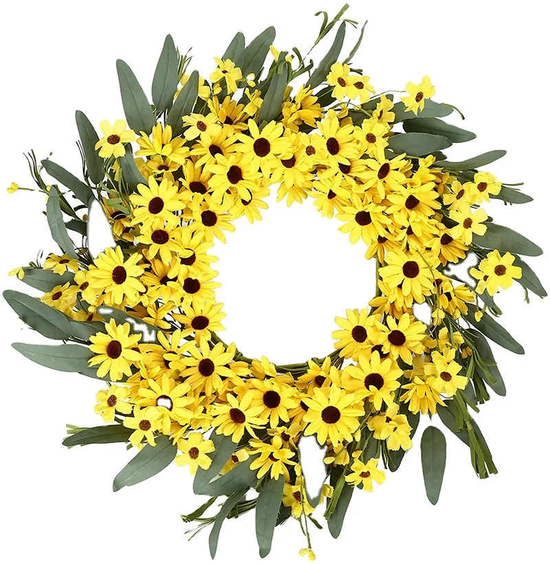 Custom Hot Sale Yellow Spring Sunflower And Daisy Wreath With Yellow Pip Berries And Green Leaves For Front Door Decoration