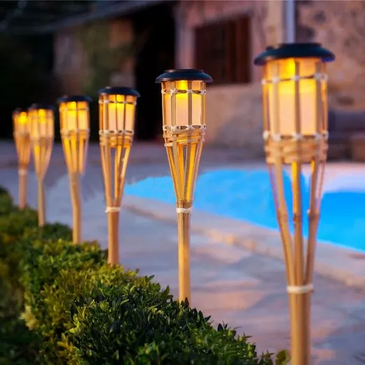 solar led garden lights Bamboo solar torch light flame lighting 12led solar torch lamp
