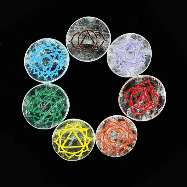 
Оптовая продажа, драгоценный камень, кристалл, кварц, красочная гравировка, круглые диски рейки, набор: онлайн чакры из Индии 