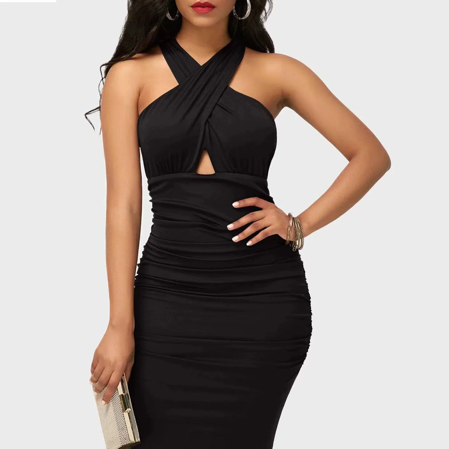Wholesale Women Solid Color Halter Wrap Front Waist Pleated Midi Dress