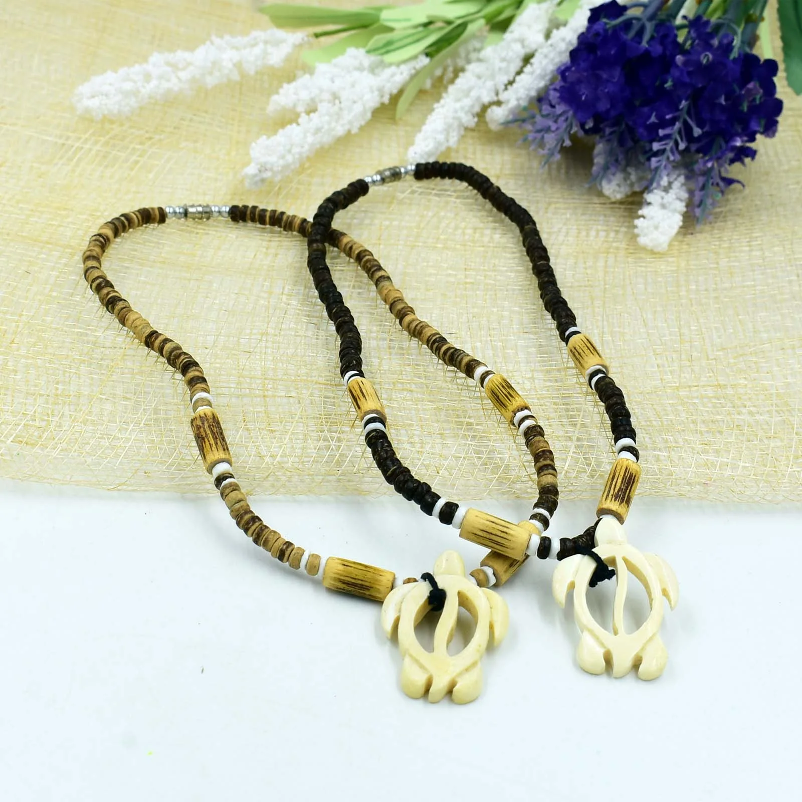 Coconut Beads Surfer Inspired Necklace Natural White Puka Shell Necklace With Handmade Bone Turtle Pendant