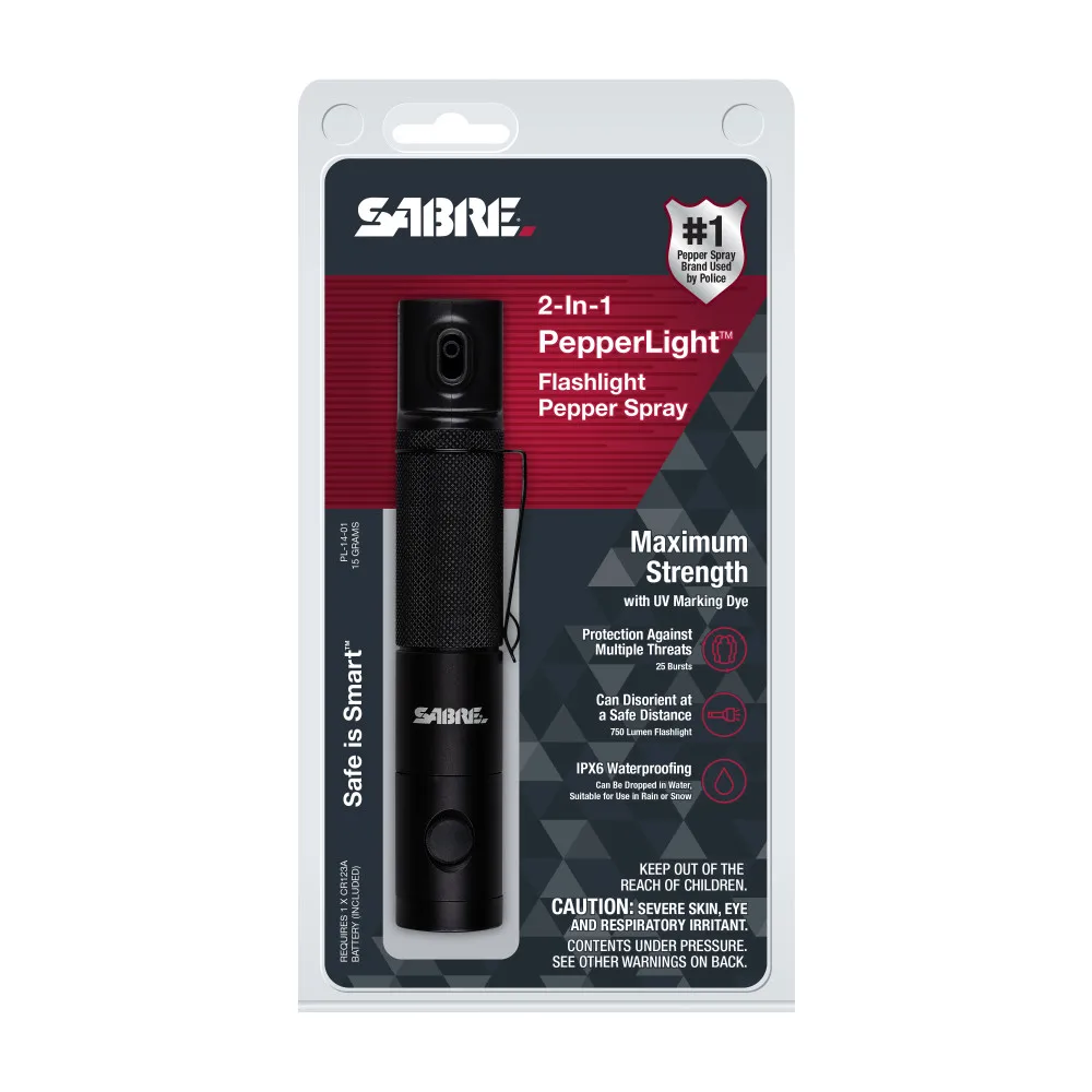 SABRE PepperLight Flashlight Maximum Strength Pepper Spray With 25 Bursts, 10 Foot (3 Meter) Range, Rotating Spray Head