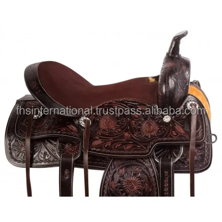 Excellent Barrel Trail Western Horse Saddle Quality Leather with Floral Hand Tooled Fiber Glass Saddle Tree