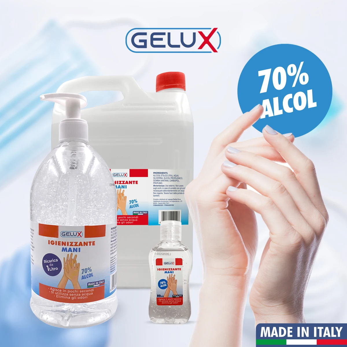 top quality Italian hand gel portable cleaning perfume scent alcohol gelux 5lt for wholesale