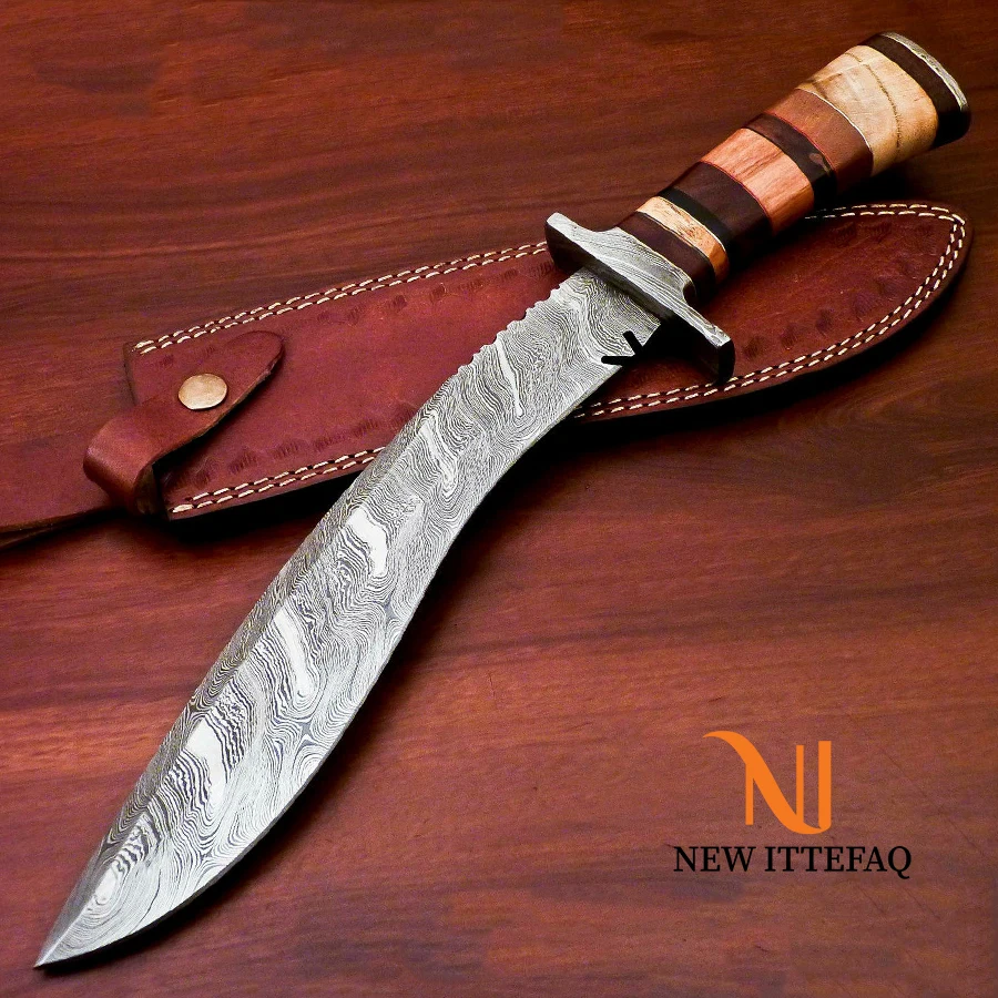 
NEW ITTEFAQ | CUSTOM MADE DAMASCUS BOWIE HUNTING KNIFE - DAMASCUS GUARD With Leather Sheath 