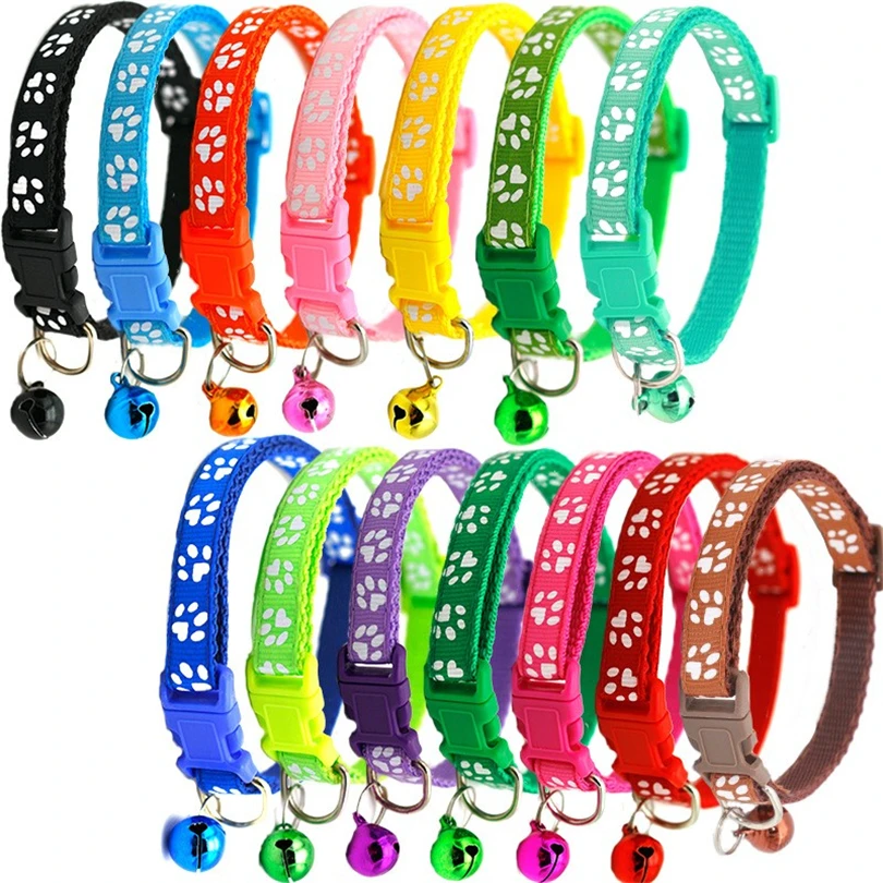 Manufacturer wholesale multi-colors paw print adjustable nylon cat dog collar with bell