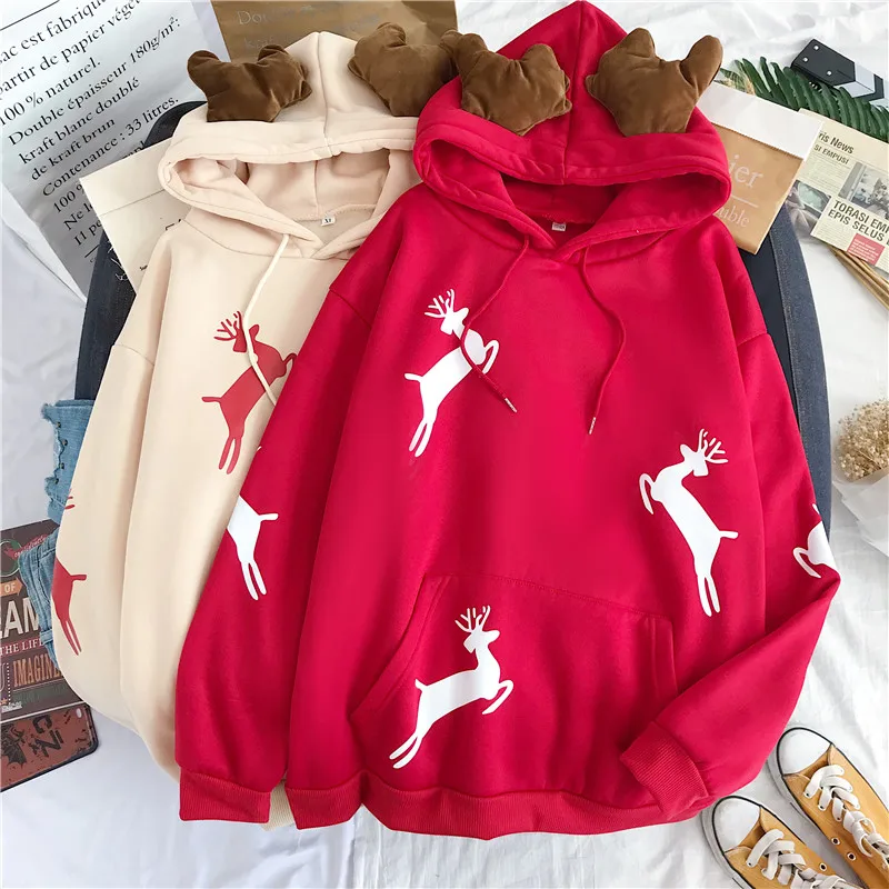 New Arrivals Winter Hoodie Lady Deer Printed Hoodies With Deer Horns Christmas Custom Print Light Weight Pullover Hoodie Women