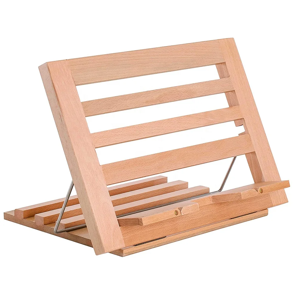 Large Wooden Table Easel, Cookbook Stand, Text Book Tablet Rest, Premium Beechwood - Adjustable Incline, 2 Flip-Up Page Holders