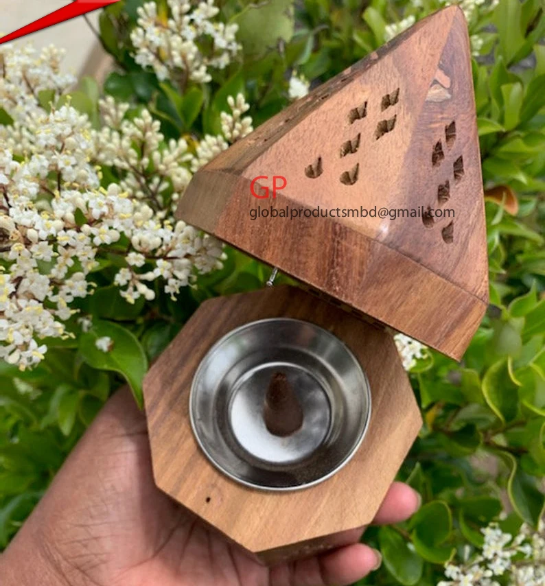 Crystal Customized Wood Sun & Moon Stick and Cone Incense Burner Enclosed Coffin Style Box  Bottom Storage