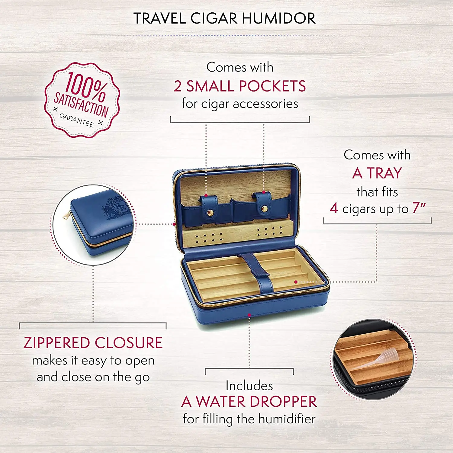 Baroque Royal Travel Cigar Humidor Portable Humidifier Box for Cigars Leatherette Cigar Case Spanish Cedar Wood Lining (Blue)
