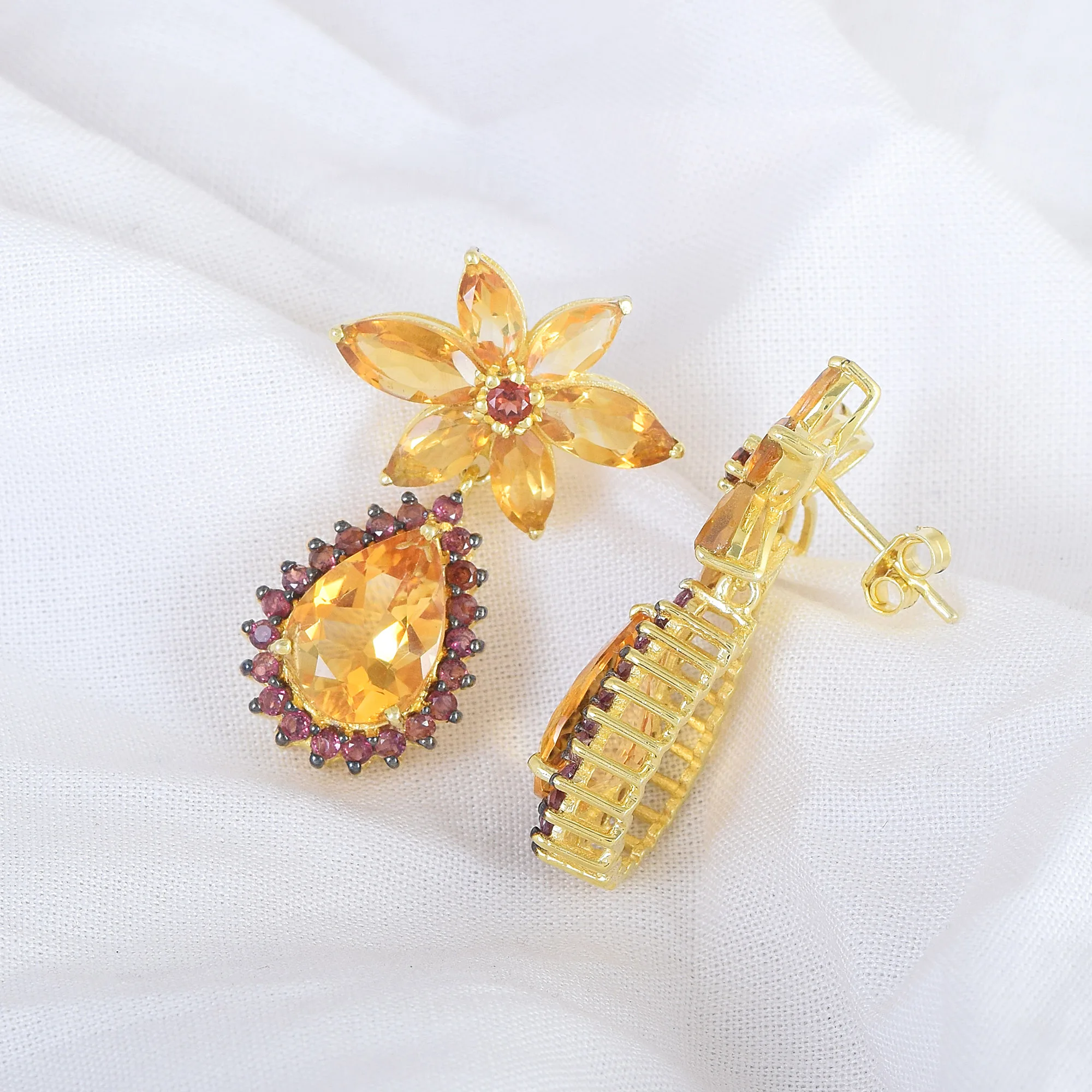 Round Marquise Pear Shape Stones 925 Sterling Silver Natural Garnet Peridot Gemstone Flower Design Drop Dangle Earrings Jewelry