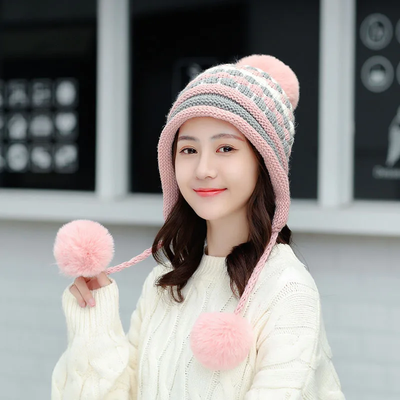 
Ladies 3 ball ear cap adult matching HAT knit cap 