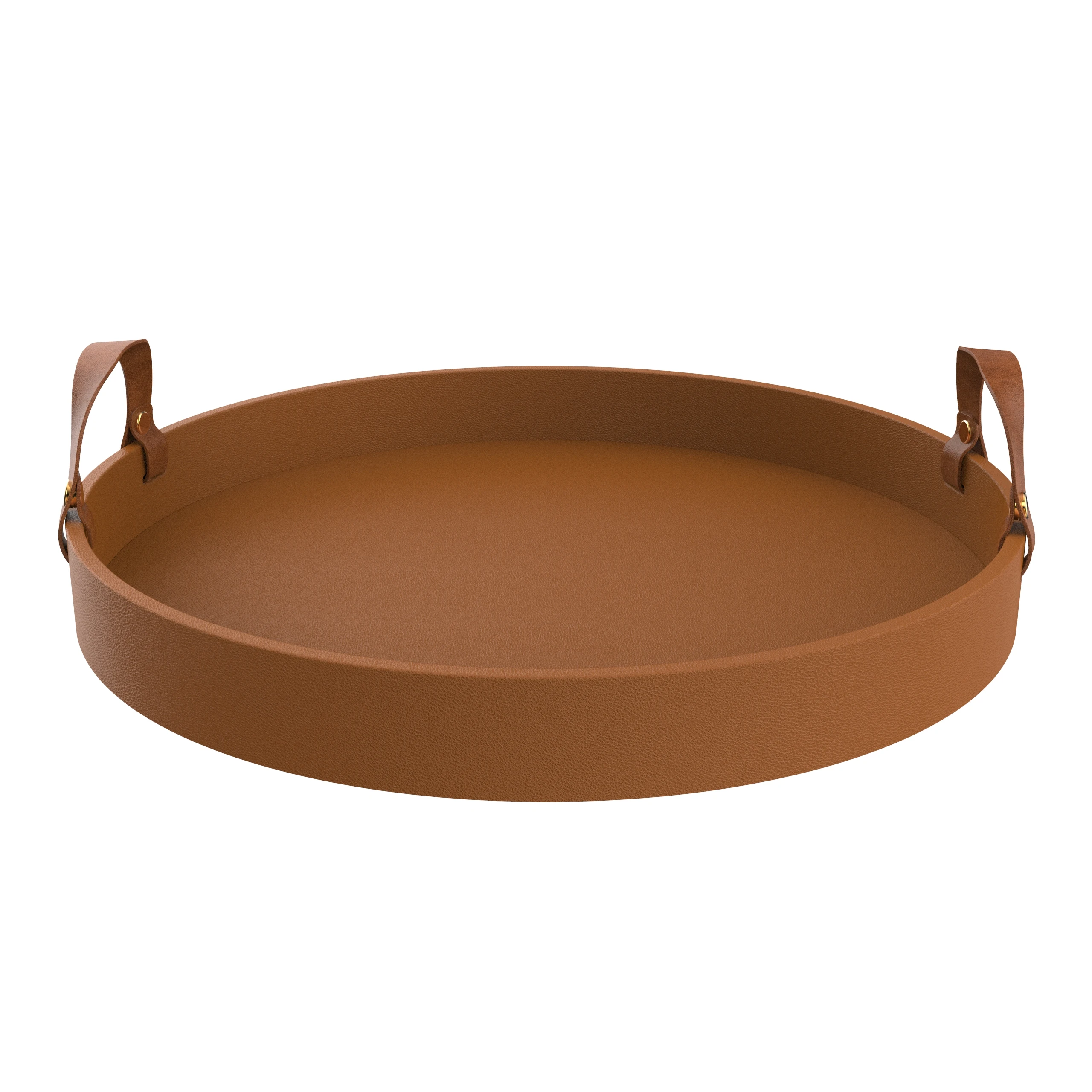 New Manufacturer Design Brown Round Shape Pu Leather Tray Wooden Tray For Restaurant Water Drink Serving with Leather Handle With SABER Certificate
