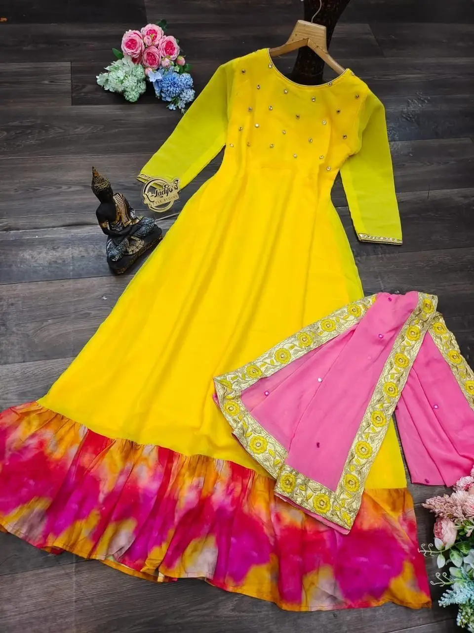 Yellow mirror work Anarkali Dress With Nazeen Dupatta Ready To Wear Dress For Women