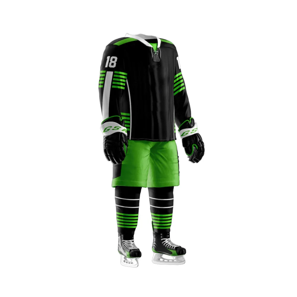 Custom Sublimation Ice Hockey Uniform / Wholesale Hockey Green Black Ice Hockey Uniforms Including Jersey Socks & Pant Shell