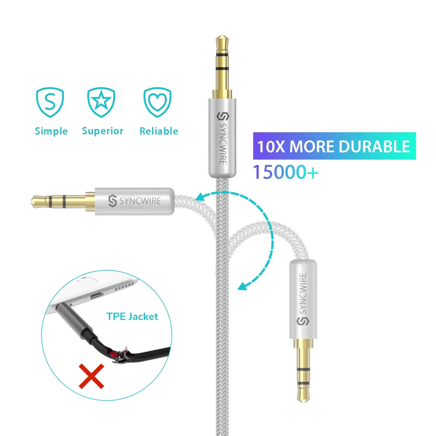 Syncwire 2m/6.5ft Silver 3.5mm Nylon Braided Aux Cable