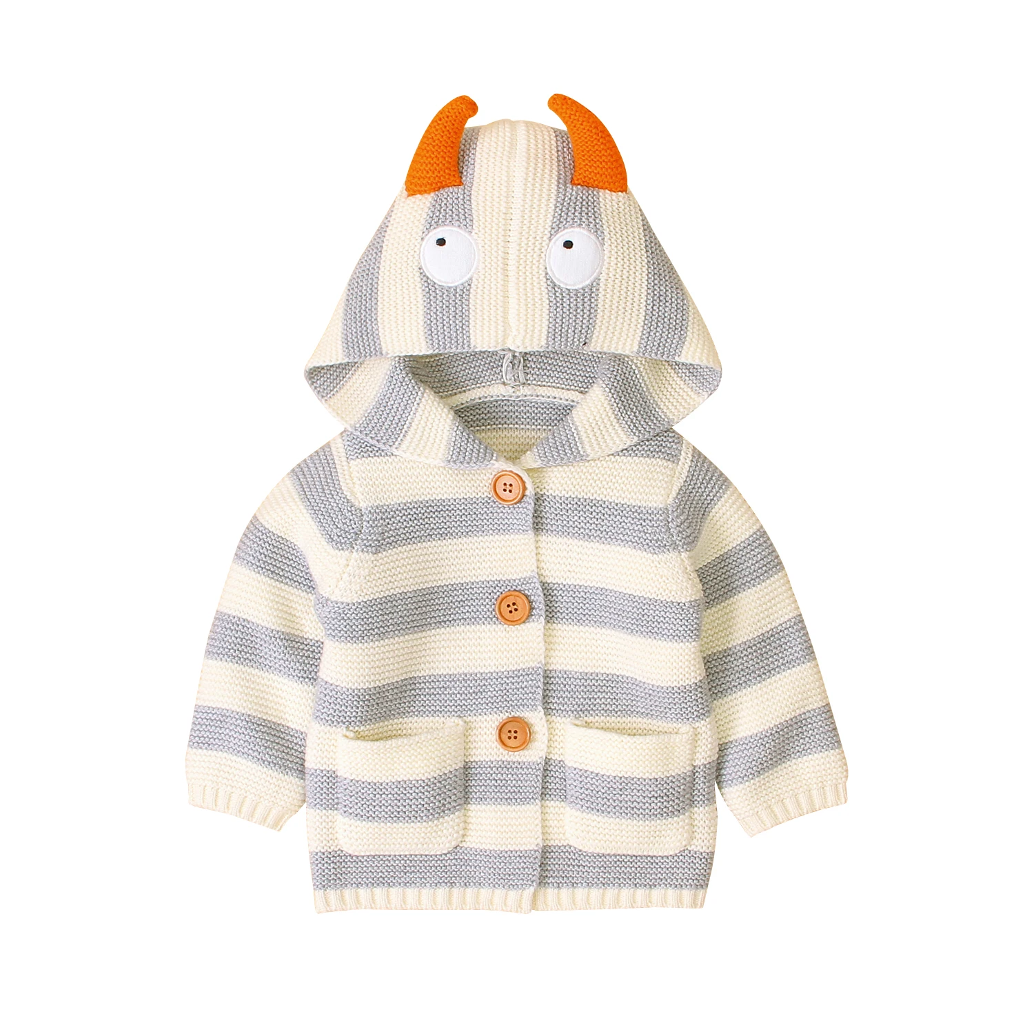 
Custom New Design Baby Girls Boys Winter Cotton Jackets Coats Knitted Stripped Cardigan Sweater Hooded with Ears 