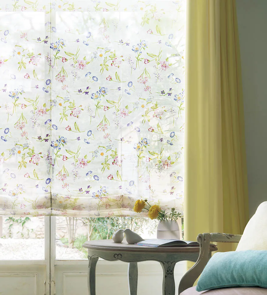 Fashionable and durable curtain fabric with yellow stained glass texture and transparency.