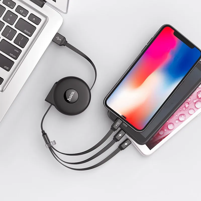 
HOCO U50 3-in-1 retractable charging cable 1m for iphone Type c Micro USB TPE ABS portable foldable 