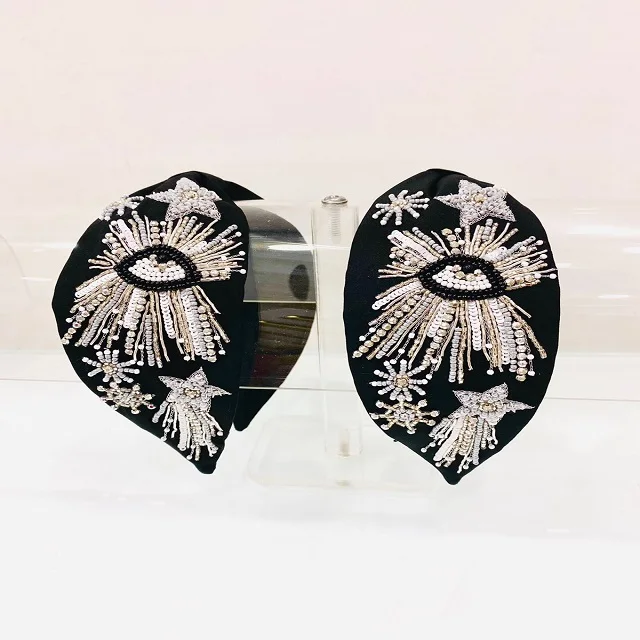 Trendy Hand Embroidered beaded Black Turban Style Indian Handwork Seed Beaded Knotted Party Headpieces for Women