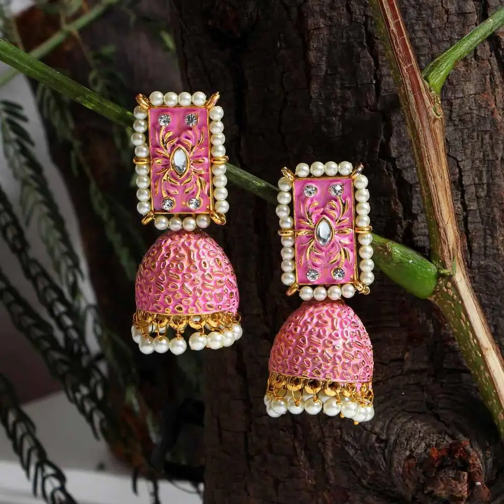 Partywear Collection  Glass Stone Mint Meena Jhumka Earrings