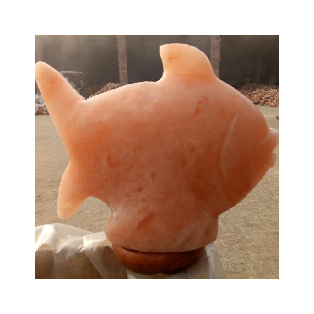 Himalayan Pink Animal-Shaped Fish Salt Lamp with Wood Base Carved Decoration by Impex Pakistan