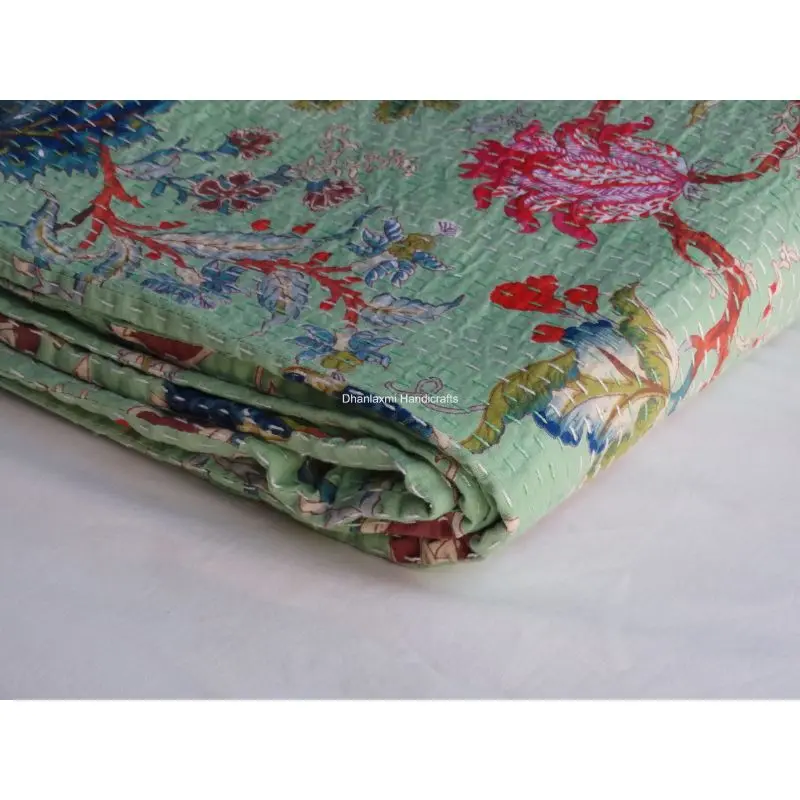 Индийское Хлопковое одеяло Kantha ручной работы светло-зеленого цвета с цветочным принтом красивое цветочное покрывало оптовая продажа