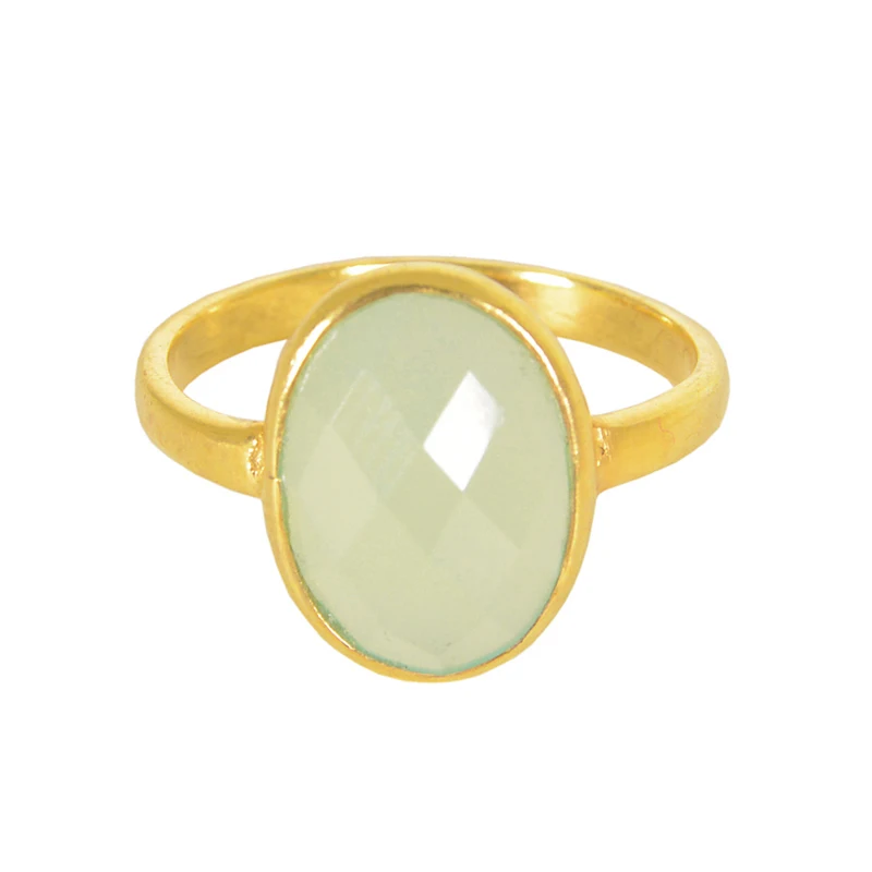 New Arrival Gold Plated 925 Sterling Silver Ring Green Chalcedony Oval Bezel Jewelry