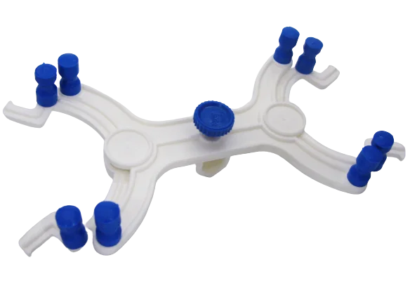 White Plastic Burette Clamp for holding two burettes with spring loaded self closing jaws