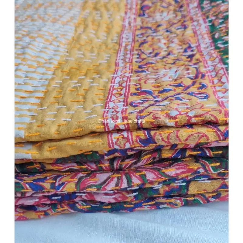 Multi- Colour Indian Handmade Print Floral Cotton Kantha Quilt Beautiful Floral Wholesale Kantha Bedspread