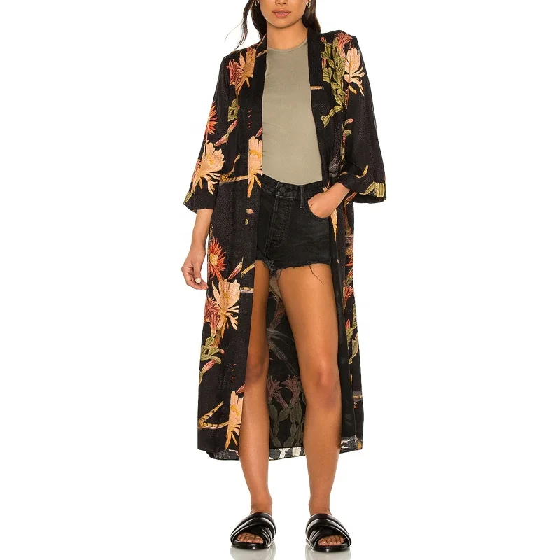 Custom summer print long blouse women plus size elegant beautiful floral long sleeve kimono