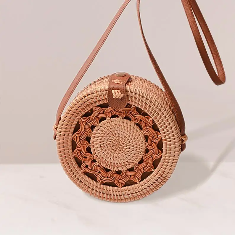 
ECO - FRIENDLY round handmade rattan bag Shoulder Leather Straps Fabric inside Natural Fashionable woven Rattan Bags 