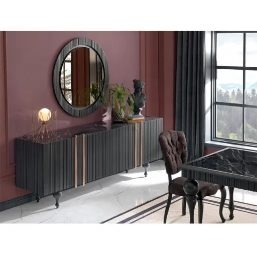 
IDER MILET DINING ROOM SET (Rich, Bold, Dark Colors, Classic, Luxurious Style, Marble Effect on Table & Console Top) 